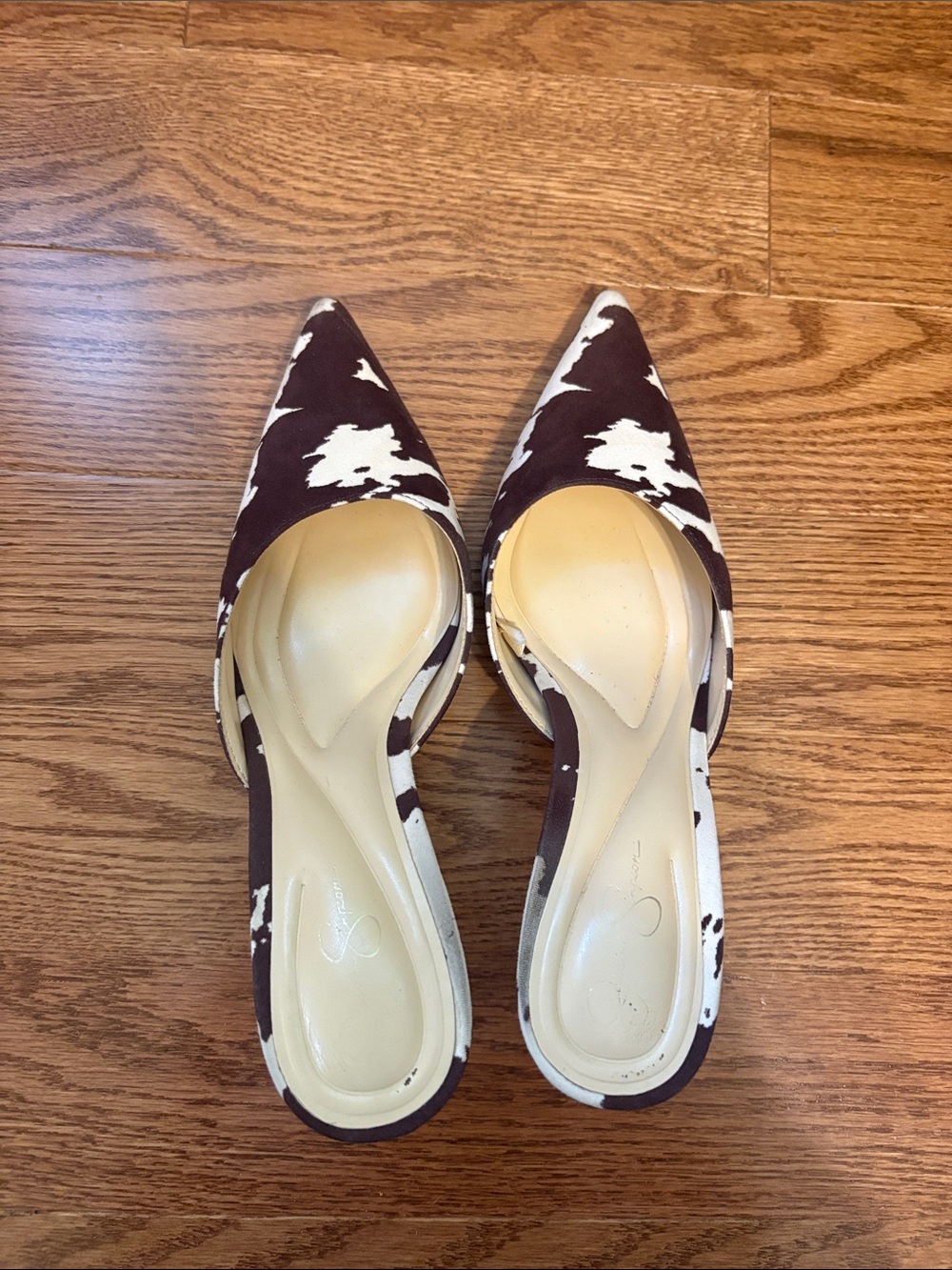 Jessica Simpson Pointed Mini Heel in Brown and White Cowprint